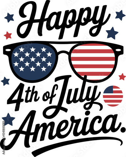 Classic happy 4th of July America text with sunglasses, star, and fireworks theme in clean layout  