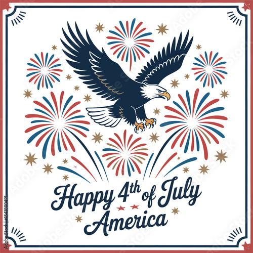 Flying eagle silhouette with fireworks bursting behind and patriotic happy 4th of July America design  