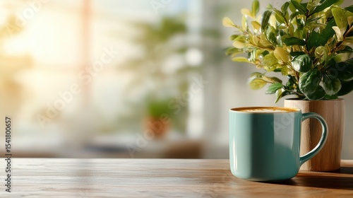 Wallpaper Mural A cozy coffee mug rests beside a leafy plant in a softly lit space, creating a warm atmosphere that invites relaxation, reflection, and enjoyment of life's simple pleasures. Torontodigital.ca