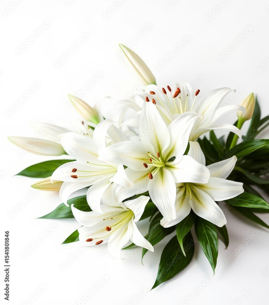 Elegant bouquet of white lilies with green leaves, arranged gracefully against a clean, white background Elegant bouquet of white lilies with green leaves, arranged gracefully against a clean, white background