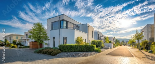 The modern residential neighborhood with beautiful sky and architectural design.