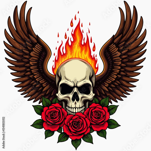 Biker vector t-shirt design with fire human skull, 
red rose flowers, wings on white background.
Fashionable print for fabric, paper, men clothing,
hoodie, biker jacket. T shirt template.