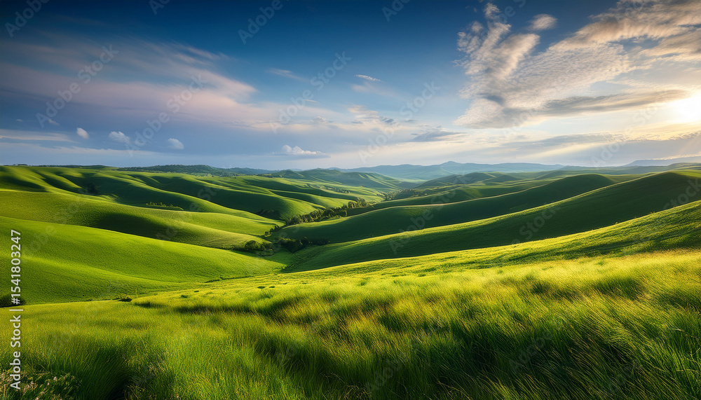 Obraz premium rolling green hills stretch into the distance under a soft sky creating a peaceful natural landscape