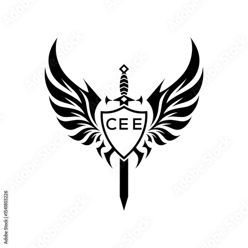 Schilderij op canvas CEE Heraldic Sword Shield Wing Emblem with CEE Initials  – CEE Later Logo Milit