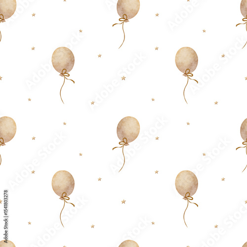 Pattern air balloon beige, watercolor illustration hand drawn. Seamless print in vintage style on isolated background design children's textiles fabrics, wallpapers nursery, packaging clothes postcard