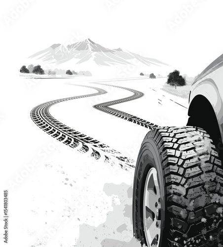 Vector Illustration of a truck tire and its tracks through a rural landscape with mountains