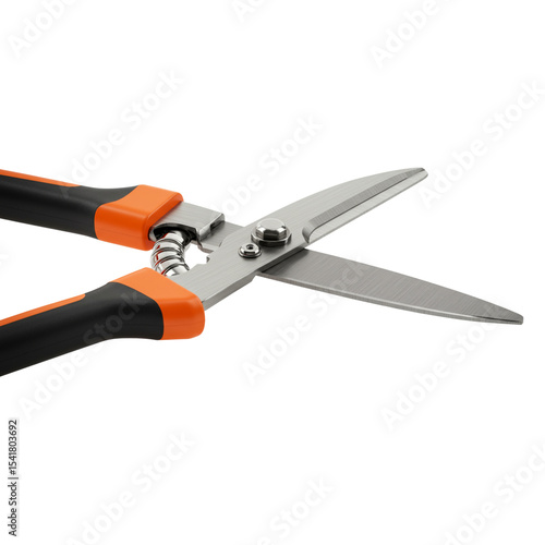 High-quality image of pruning shears, featuring orange and black ergonomic handles and stainless steel blades.