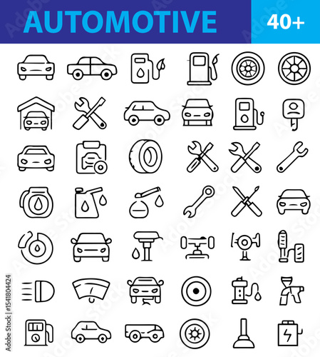 Automotive Line Icons Set , Editable Vector Symbols for Vehicles, Car Parts, Repair, and Transportation Services

