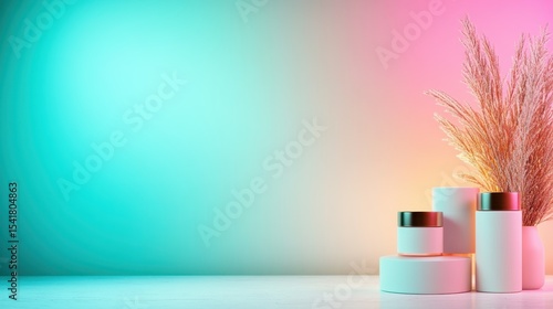 A sleek arrangement of minimalist decor featuring elegant white containers and decorative grasses against a soft gradient background, showcasing modern aesthetic and purposeful design.