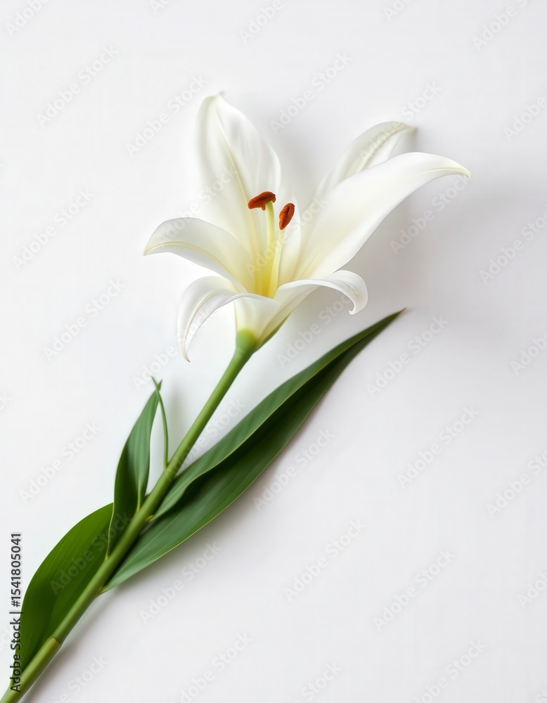 Naklejka premium Single white lily with a slender green stem and leaves is on a clean, bright white background