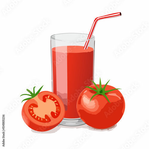 Refreshing Tomato Juice Glass of Red, Ripe Tomatoes and a Straw