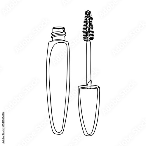 Vector line art of a mascara tube and brush applicator with detailed bristles, ideal for beauty and self care illustrations