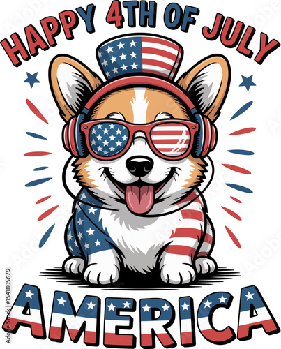 Patriotic corgi dog wearing star glasses and flag bandana under happy 4th of July America banner  