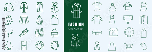 Fashion icon set. Containing tailor, fashion designer, accessories, dress, sewing, fabric, clothes, dressing room, fashion week, mannequin, sewing equipment, shoes, beauty and more