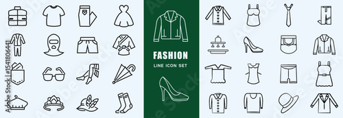 Fashion icon set. Containing tailor, fashion designer, accessories, dress, sewing, fabric, clothes, dressing room, fashion week, mannequin, sewing equipment, shoes, beauty and more