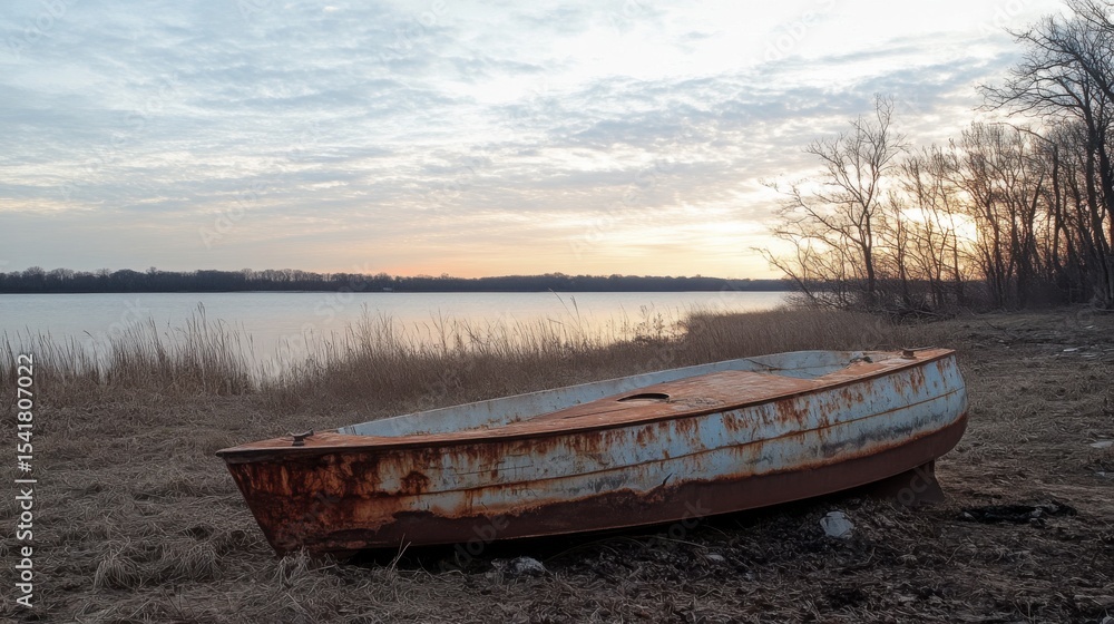 Obraz premium boat sitting beach deep deserted rust sunrise springtime after loss despair ratio young favorite 