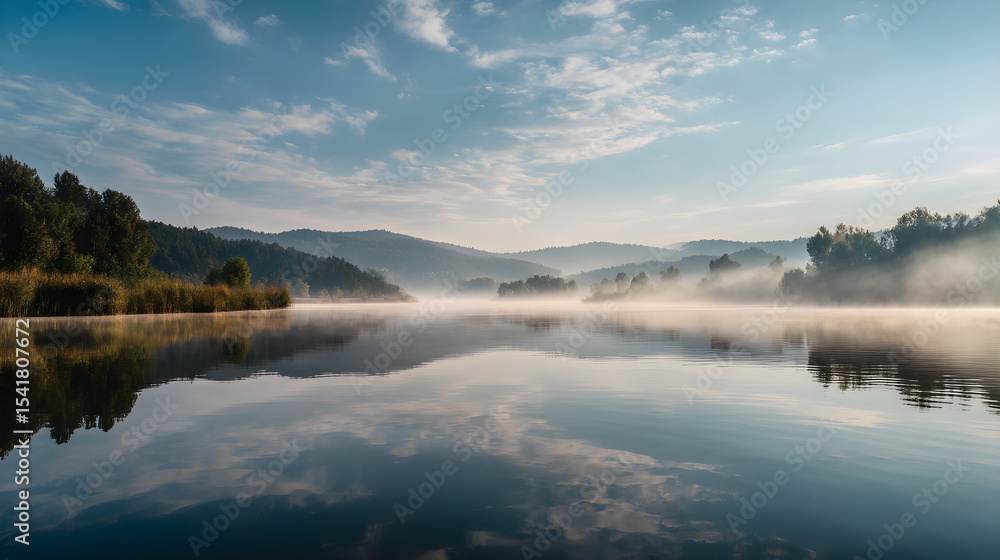Fototapeta premium Serene morning mist over a tranquil lake reflecting a picturesque landscape of trees and hills under a vibrant sky