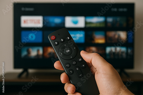A hand using a smart TV remote.