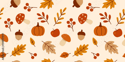 Cute Fall Leaves, Berries, Pumpkins, Mushrooms Acorns Seamless Pattern