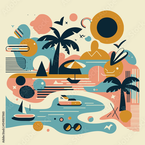 Abstract summer poster or card in simple scribble style, with summer vacation theme