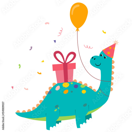 happy birthday brontosaurus with balloons and gift box. Birthday card and present.