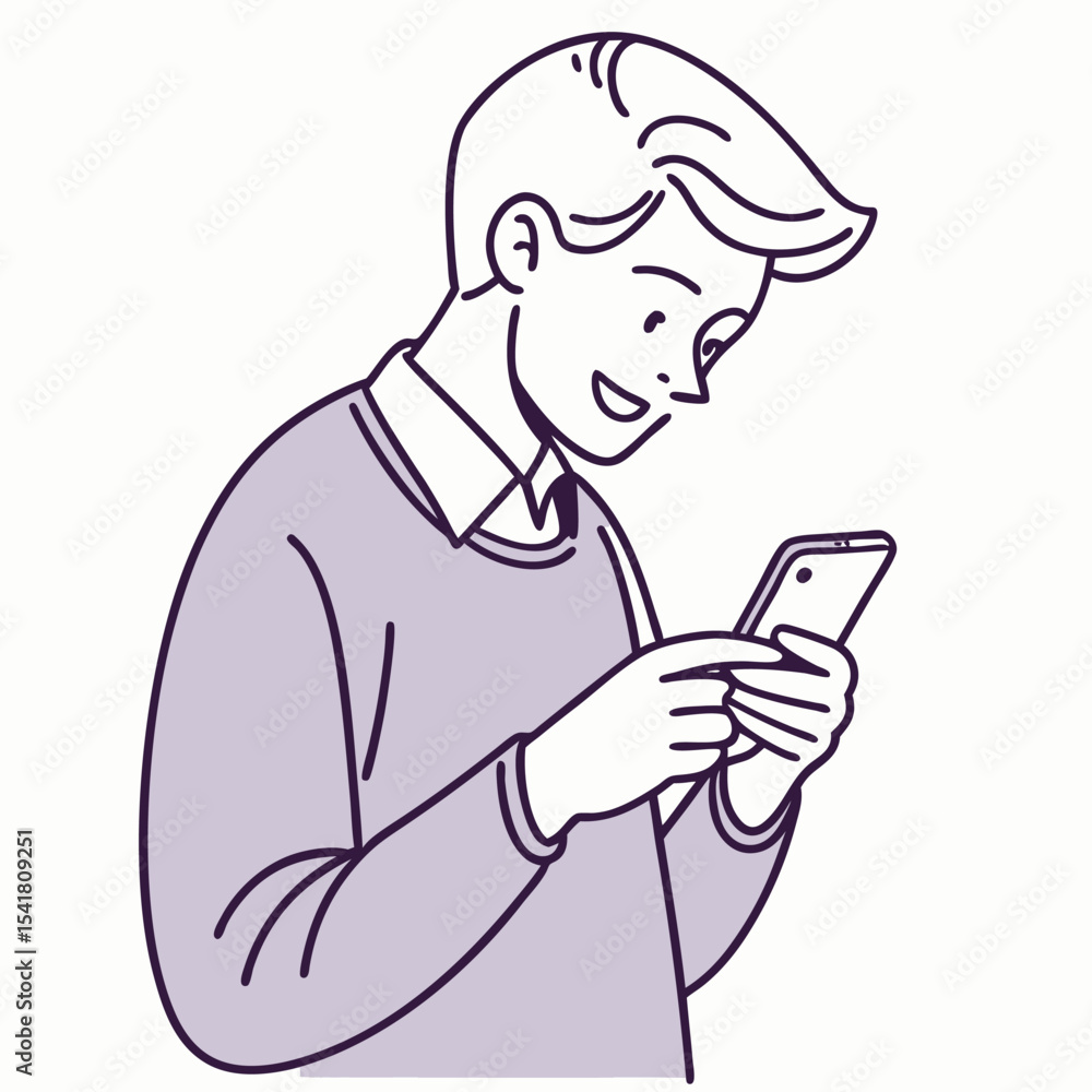 Smiling young man is engrossed in a modern smartphone, texting with his thumbs Smiling young man is engrossed in a modern smartphone, texting with his thumbs
