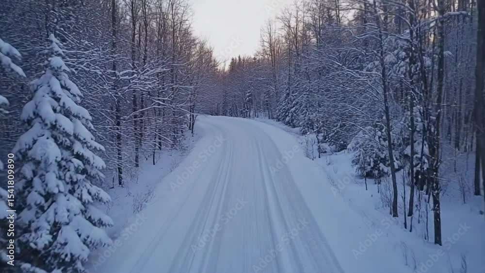 Serene winter landscape featuring a snow-covered road cutting through a dense forest Serene winter landscape featuring a snow-covered road cutting through a dense forest