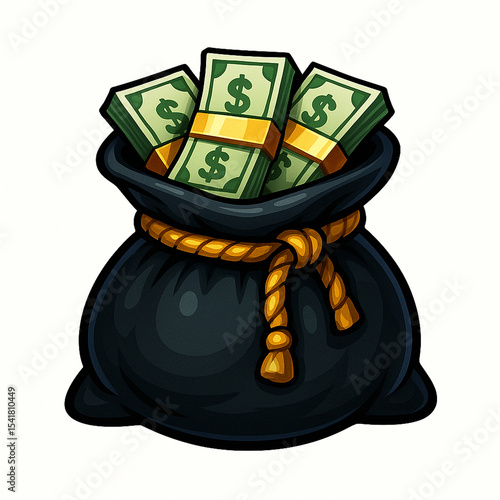 a black sack full of money, with dollar bills and coins spilling out, an overflowing bag of wealth