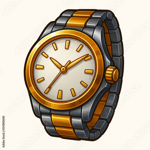 photo of a stylish, modern wristwatch with a large circular face, featuring a two-tone metallic bracelet with contrasting gold and silver tones