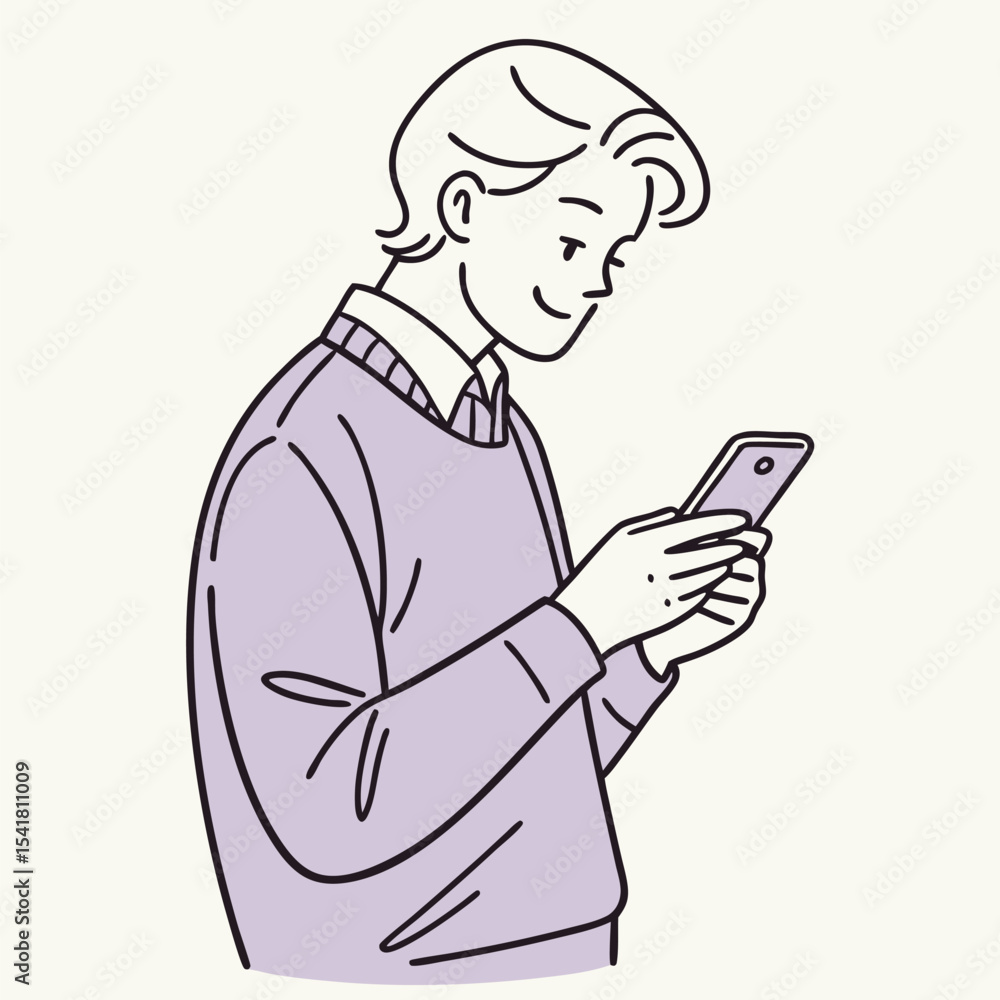 Young Asian man smiles while typing a message on his mobile phone in pastel Young Asian man smiles while typing a message on his mobile phone in pastel