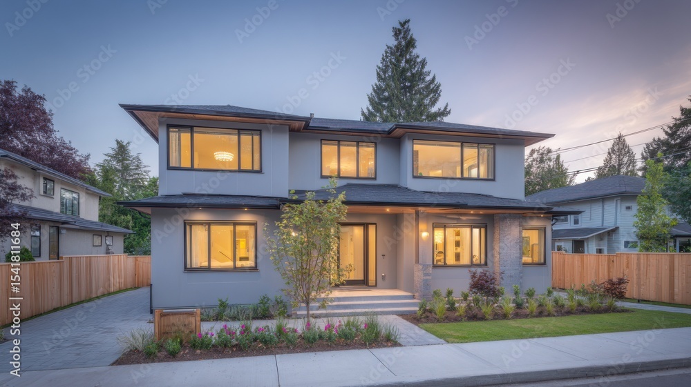 Modern two-story house illuminated by soft dusk light with sleek gray exterior, large glowing windows, flat roof, and overhangs. Neat garden with pink flowers, paved driveway, glass-paneled doors, Modern two-story house illuminated by soft dusk light with sleek gray exterior, large glowing windows, flat roof, and overhangs. Neat garden with pink flowers, paved driveway, glass-paneled doors,