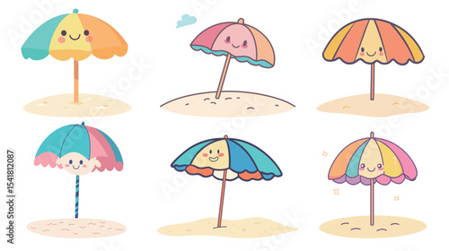 Kawaii Beach Scene with Colorful Beach Umbrella, Cute Summer Fun by the Seaside in Vector Style Illustration