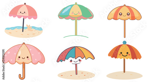 Kawaii Beach Scene with Colorful Beach Umbrella, Cute Summer Fun by the Seaside in Vector Style Illustration