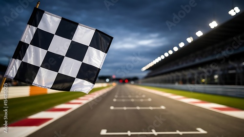 Dramatic Racing Track Photograph Finish Line, Checkered Flag, Night Race