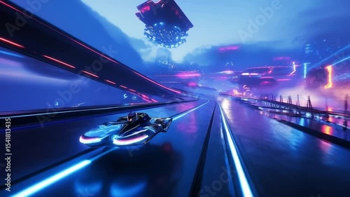Futuristic speedway with racing car cruising in a vibrant cyberpunk city landscape