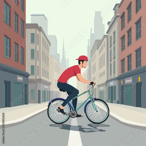 A cyclist rides a bicycle down a city street, surrounded by buildings.