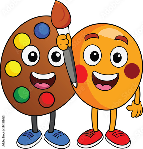  Cute Kawaii Cartoon Art Palette and Paintbrush Characters.cute cartoon school object colourpalate with brush smiling face kawaii style.