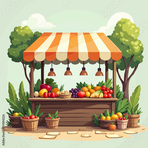 Colorful outdoor fruit stand with various fruits displayed in baskets under a striped awning, surrounded by trees and plants.