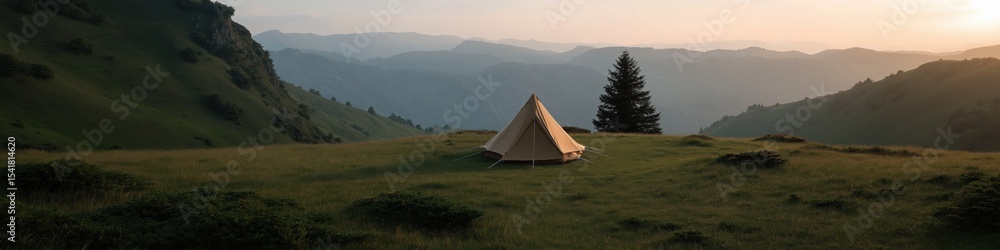 Serene mountain camping at sunset with tent and scenic valley view Serene mountain camping at sunset with tent and scenic valley view