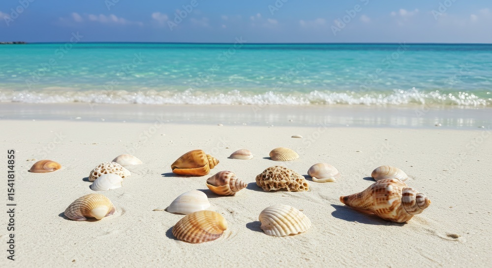 Seashells on a white sand beach with turquoise ocean water Seashells on a white sand beach with turquoise ocean water