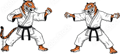 Karate tiger illustration, martial arts animal, anthropomorphic fighter, tiger in gi, black belt stance, powerful pose, cartoon style, aggressive expression, vector artwork, combat scene