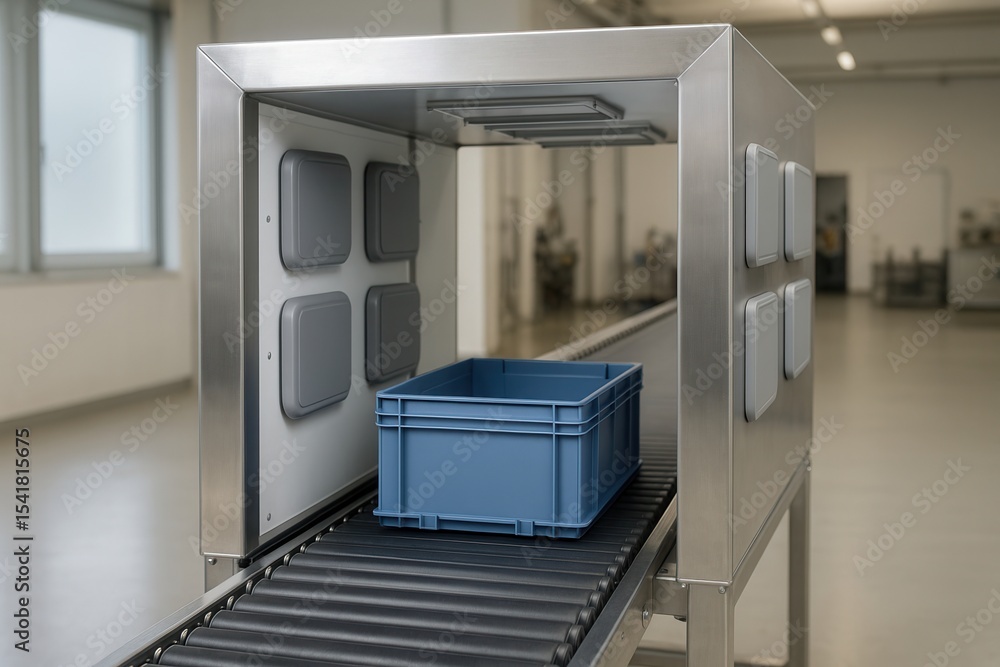 RFID Tunnel scanning blue plastic box traveling on conveyor belt RFID Tunnel scanning blue plastic box traveling on conveyor belt