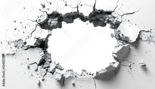 A large jagged hole in a white concrete wall surrounded by extensive cracks and scattered debris Transparent background