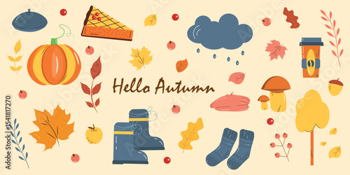 Autumn season color set. Leaves, tree, cap, cloud, rain, mushrooms, coffee cup, berry, boots, socks, pumpkin, pie, acorn. Collection for seasonal cozy web design.  Vector illustration