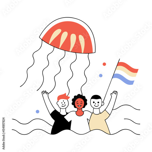 Colorful Vector Illustration of Pride Month Celebration with Balloons – Festive LGBTQ+ Design Featuring Rainbow Colors, Joyful Atmosphere, and Symbolic Unity in Hand-Drawn Style