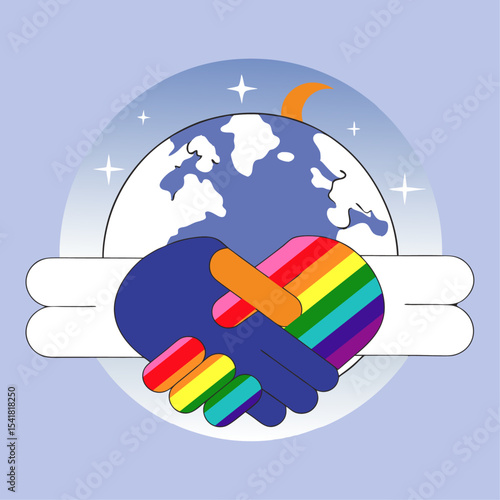 Symbolic Vector Illustration of a Pride-Themed World Peace Handshake – Celebrating Unity, Equality, and Global Solidarity Through LGBTQ+ Colors and Cultural Harmony
