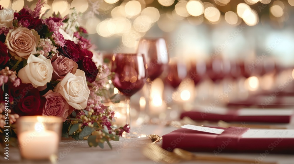 Naklejka premium A beautifully arranged bouquet of pastel roses and vibrant red flowers highlights an elegant dining setup, perfect for celebrations and romantic dinners in a cozy atmosphere.