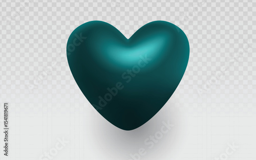 A smooth, three-dimensional teal heart with a soft, matte finish, casting a subtle shadow, perfect for symbolizing love, care, or affection in various designs.