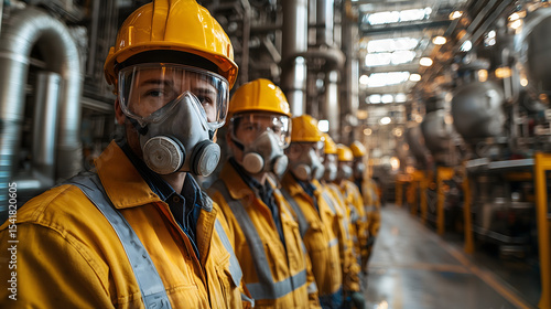 Team of Engineers in Yellow Protective Gear and Respirators Working in a High-Security Chemical Plant Surrounded by Industrial Machinery