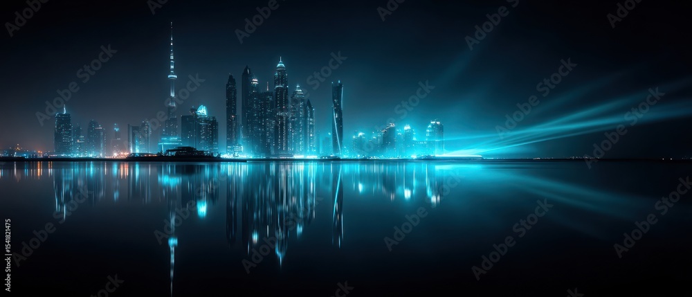 Fototapeta premium Cityscape at night, illuminated by turquoise light, reflected on water